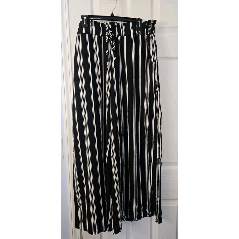 SHEIN Curve Black Wide Leg Palazzo Pants Elastic Waist plus 1XL Striped